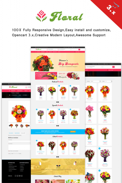 "Floral online store" OpenCart template 3.x